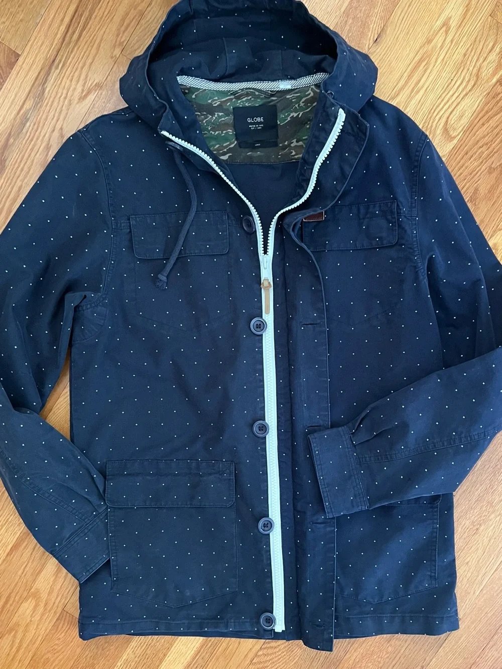 Men's Utility Cargo Skater Streetwear Navy Blue Hooded Jacket {L) EUC